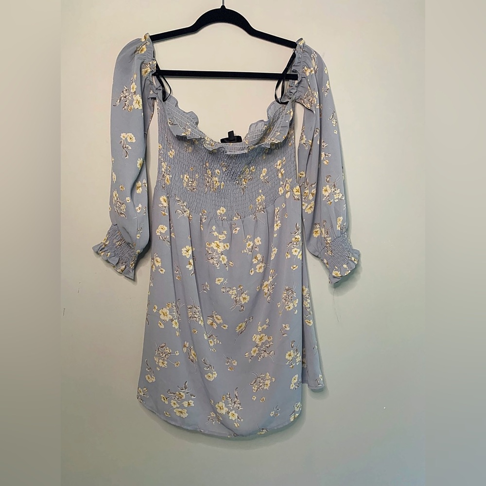 Blue and cream floral off shoulder dress from ASOS